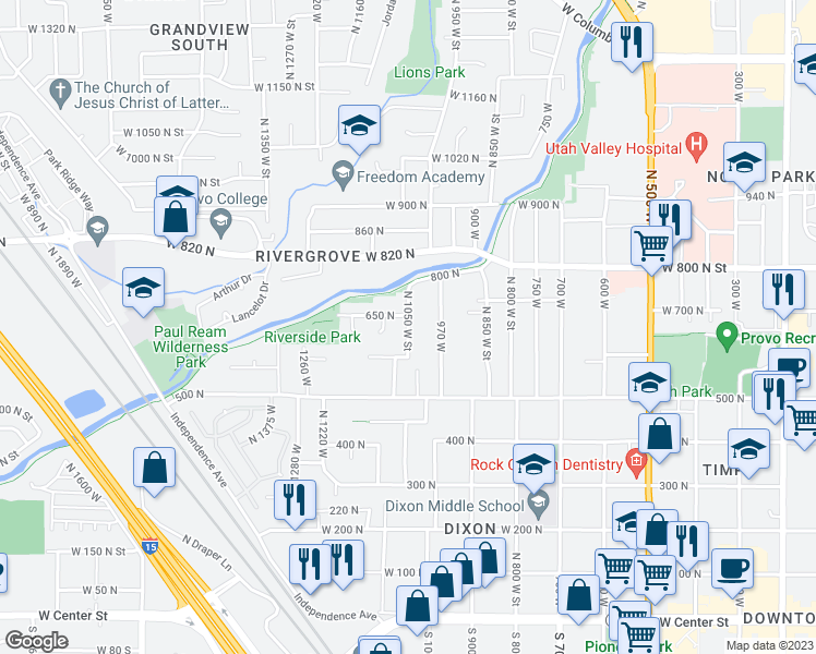 map of restaurants, bars, coffee shops, grocery stores, and more near 621 North 1050 West Street in Provo