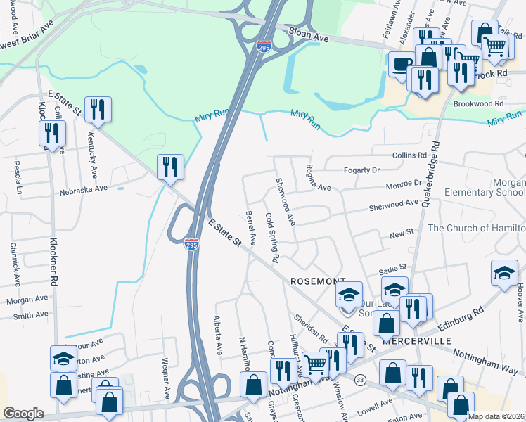 map of restaurants, bars, coffee shops, grocery stores, and more near 25 Cold Spring Road in Hamilton Township