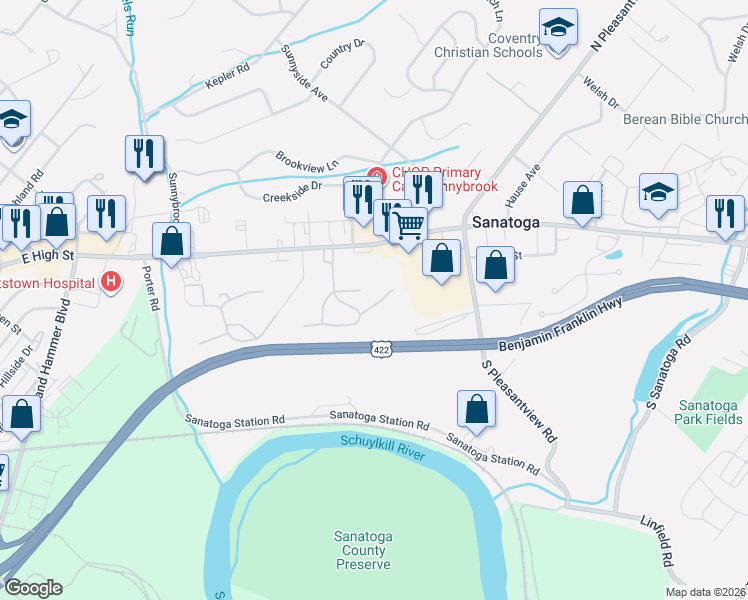 map of restaurants, bars, coffee shops, grocery stores, and more near 1058 Maple Glen Circle in Pottstown