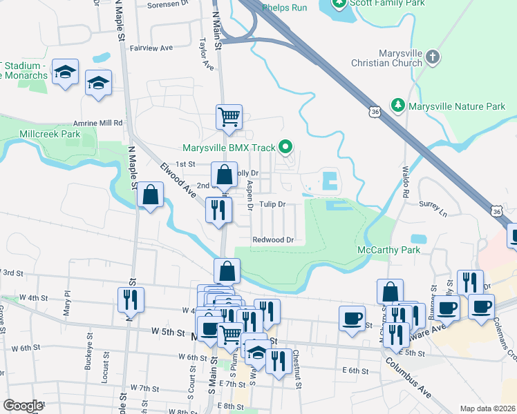 map of restaurants, bars, coffee shops, grocery stores, and more near 195 Cottonwood Drive in Marysville