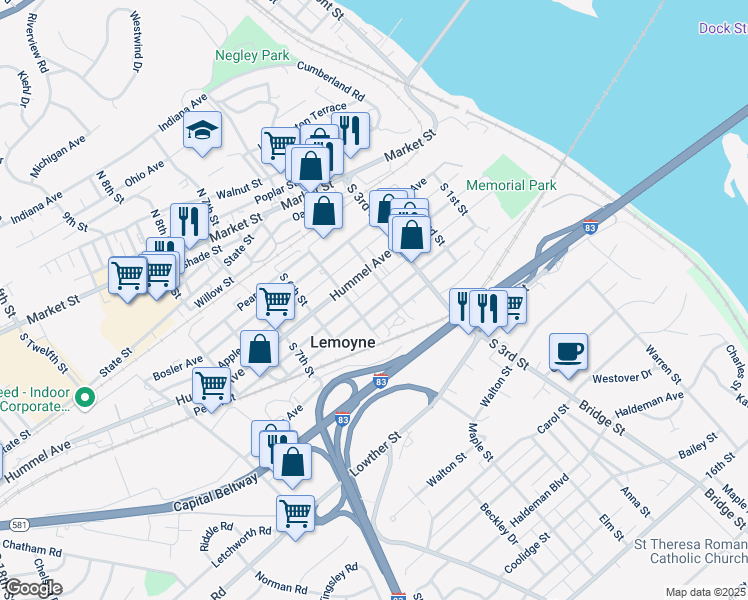 map of restaurants, bars, coffee shops, grocery stores, and more near 423 Herman Avenue in Lemoyne