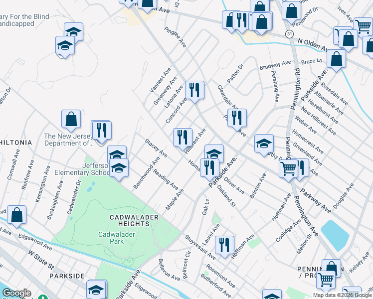 map of restaurants, bars, coffee shops, grocery stores, and more near in Trenton