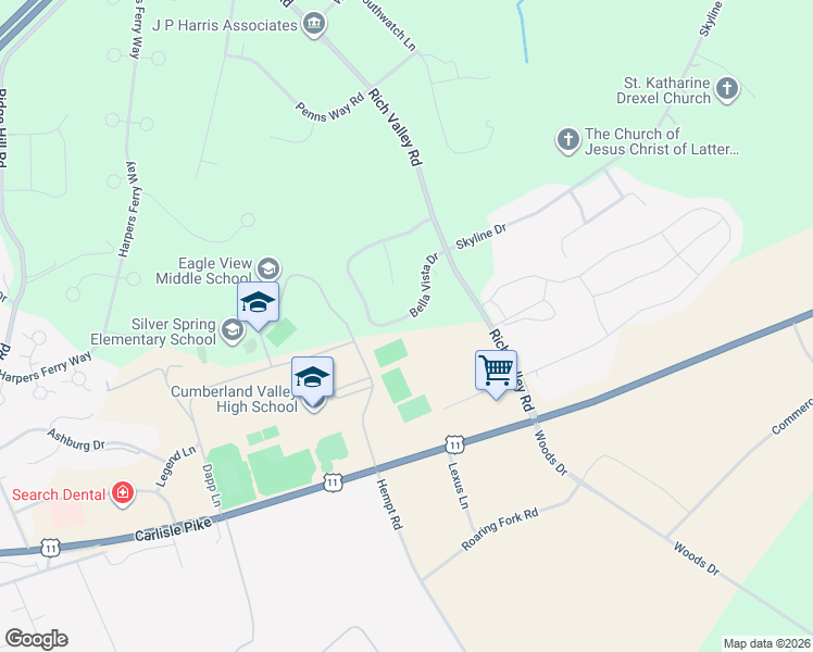 map of restaurants, bars, coffee shops, grocery stores, and more near 15 Bella Vista Drive in Mechanicsburg