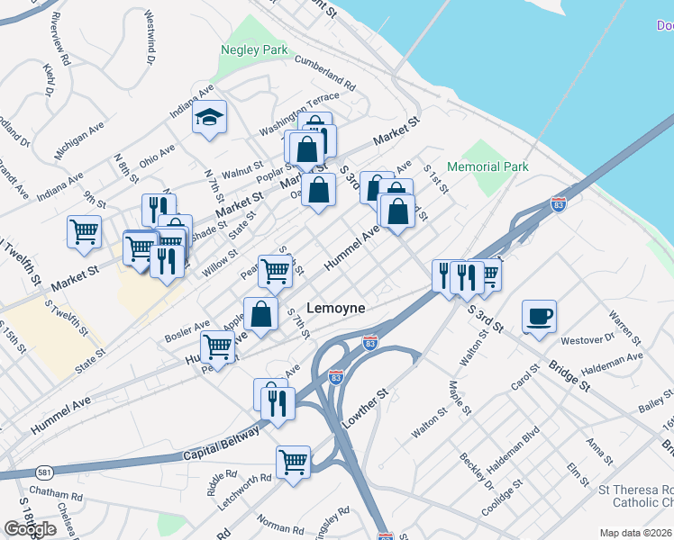 map of restaurants, bars, coffee shops, grocery stores, and more near 529 Peach Street in Lemoyne