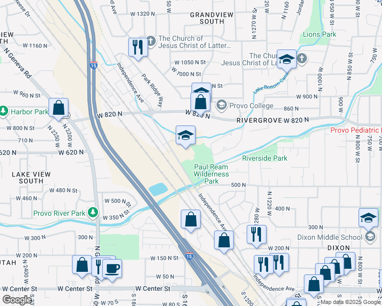 map of restaurants, bars, coffee shops, grocery stores, and more near 636 Independence Avenue in Provo