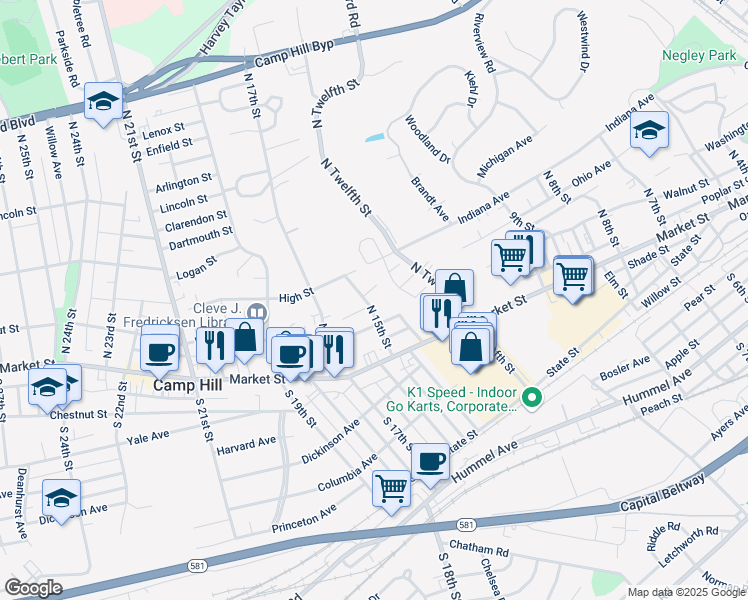 map of restaurants, bars, coffee shops, grocery stores, and more near 123 North 15th Street in Camp Hill