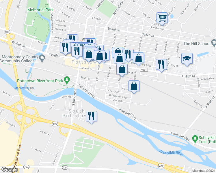 map of restaurants, bars, coffee shops, grocery stores, and more near 116 South Evans Street in Pottstown
