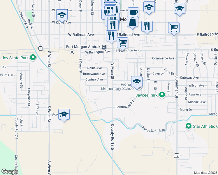 map of restaurants, bars, coffee shops, grocery stores, and more near 326 Landmark Drive in Fort Morgan