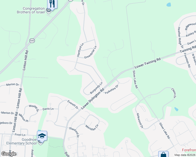 map of restaurants, bars, coffee shops, grocery stores, and more near 210 Burgundy Lane in Newtown