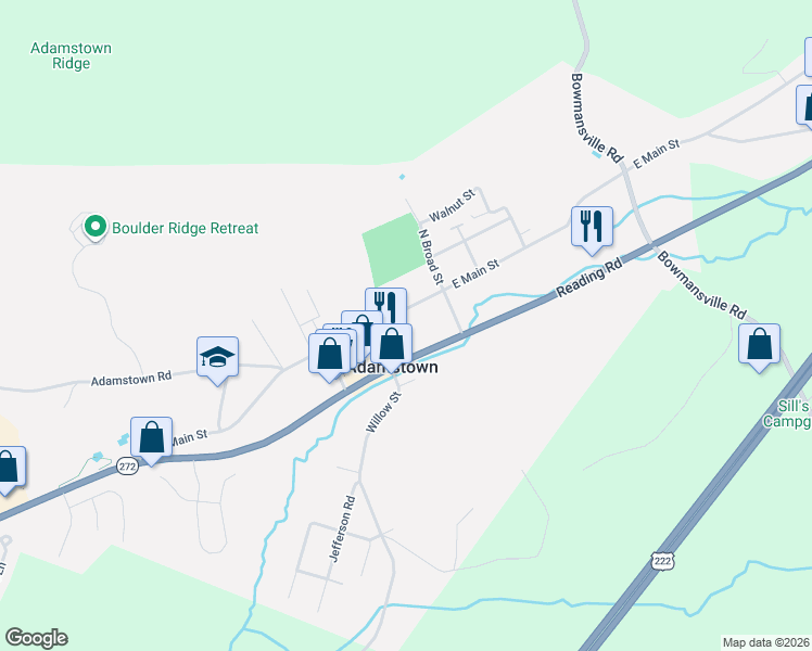 map of restaurants, bars, coffee shops, grocery stores, and more near in Adamstown