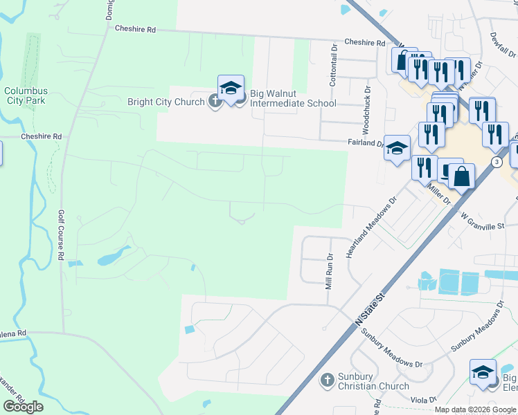 map of restaurants, bars, coffee shops, grocery stores, and more near 1119 Golf Course Road in Sunbury