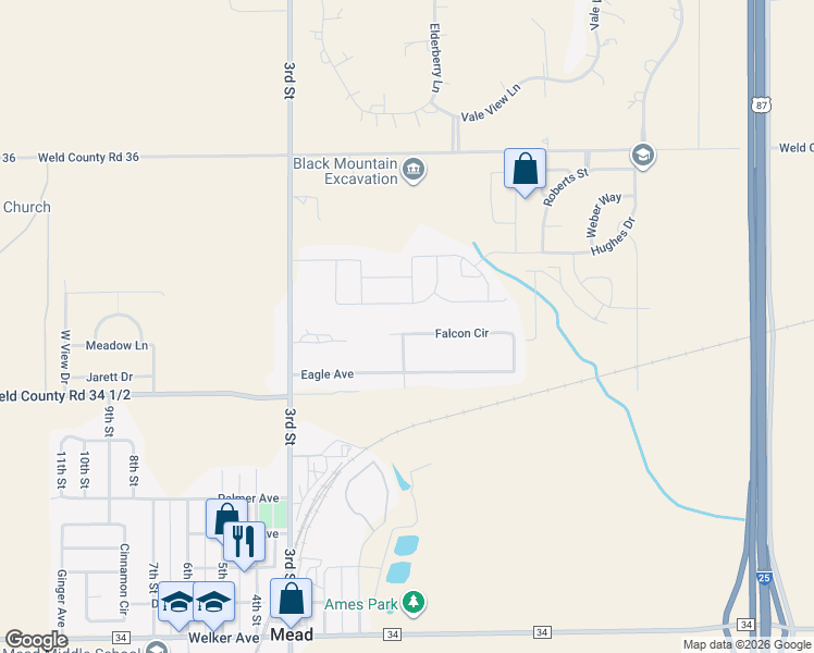 map of restaurants, bars, coffee shops, grocery stores, and more near 149 Falcon Circle in Mead