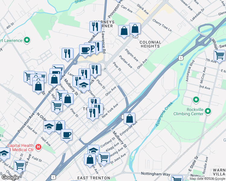 map of restaurants, bars, coffee shops, grocery stores, and more near 600 Plum Street in Trenton