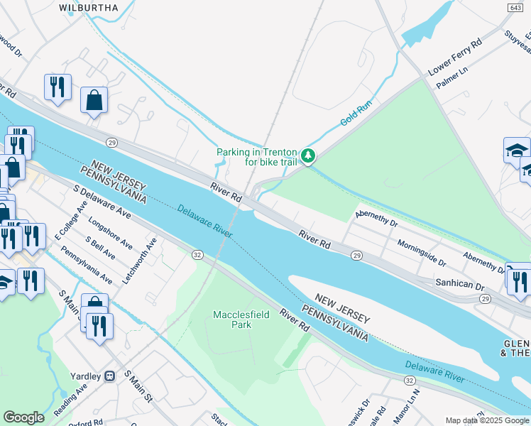 map of restaurants, bars, coffee shops, grocery stores, and more near 567 River Road in Trenton