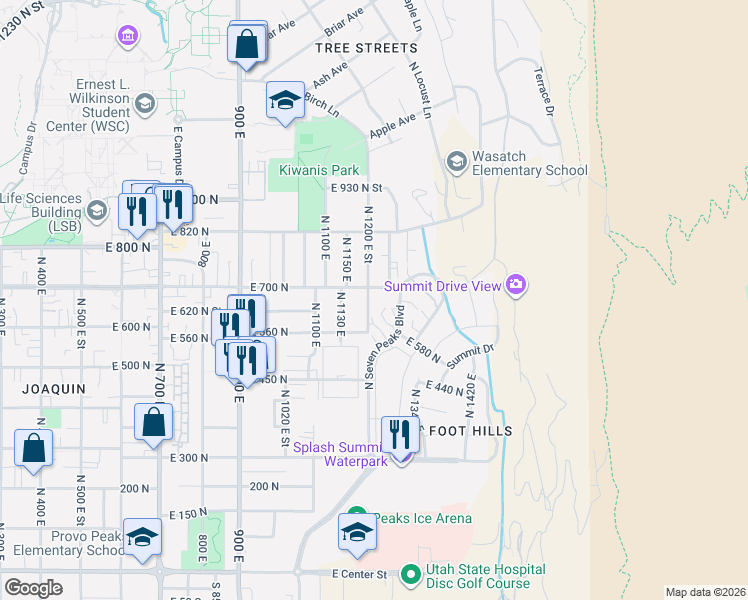 map of restaurants, bars, coffee shops, grocery stores, and more near 609 North Seven Peaks Boulevard in Provo