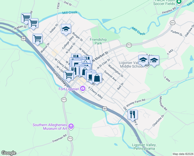 map of restaurants, bars, coffee shops, grocery stores, and more near 233 East Church Street in Ligonier