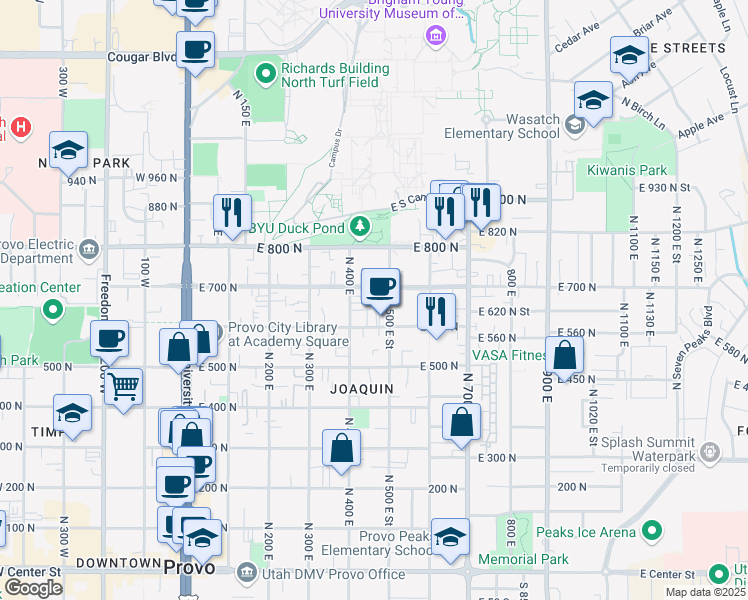 map of restaurants, bars, coffee shops, grocery stores, and more near 429 East 600 North in Provo