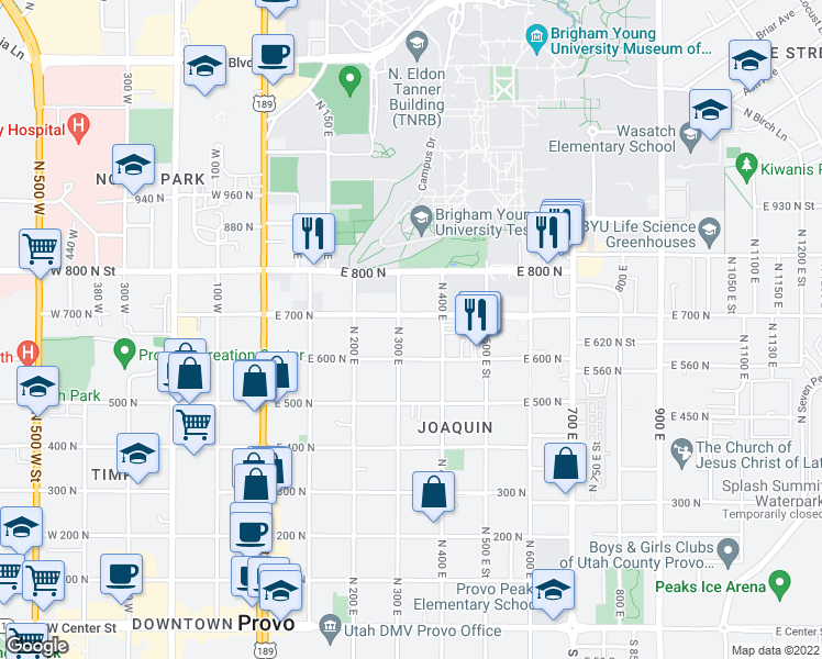 map of restaurants, bars, coffee shops, grocery stores, and more near 345 East 600 North in Provo