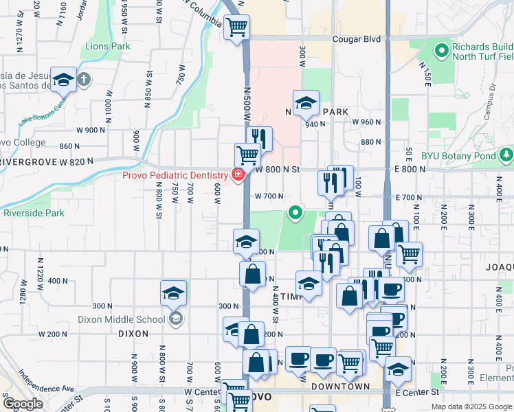 map of restaurants, bars, coffee shops, grocery stores, and more near 619 North 500 West Street in Provo