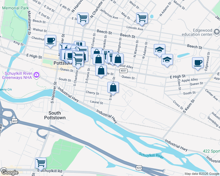 map of restaurants, bars, coffee shops, grocery stores, and more near 437 Cherry Street in Pottstown