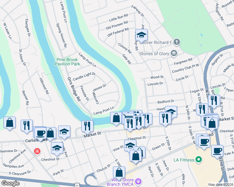 map of restaurants, bars, coffee shops, grocery stores, and more near 3803 Carriage House Drive in Camp Hill