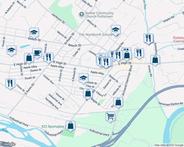 map of restaurants, bars, coffee shops, grocery stores, and more near 1317 Queen Street in Pottstown