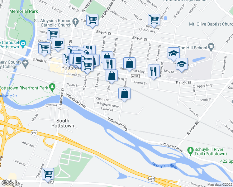 map of restaurants, bars, coffee shops, grocery stores, and more near 432 South Street in Pottstown