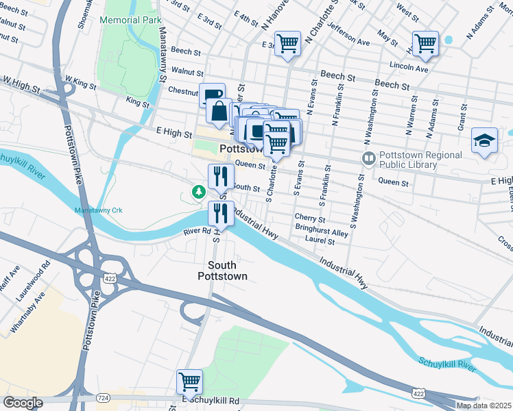 map of restaurants, bars, coffee shops, grocery stores, and more near 309 Cherry Street in Pottstown
