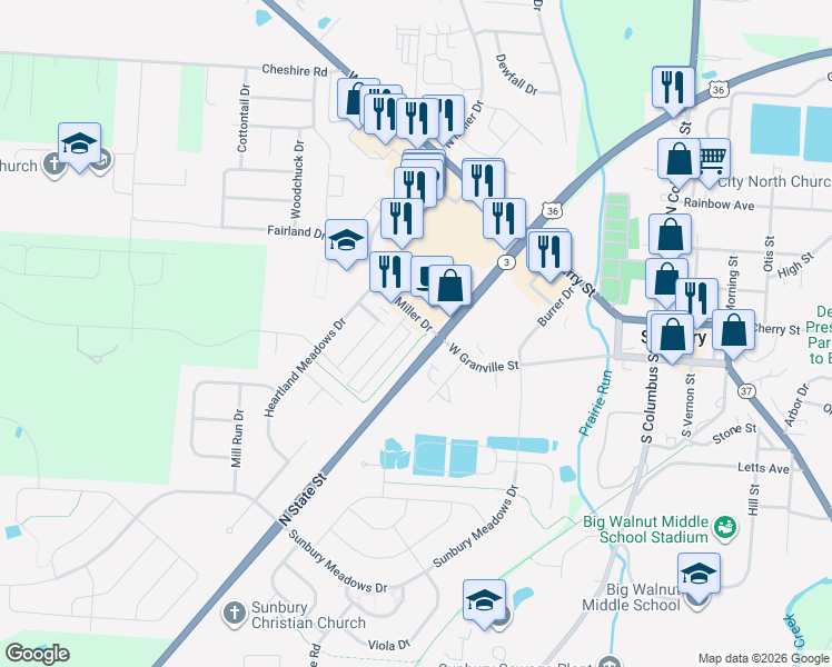 map of restaurants, bars, coffee shops, grocery stores, and more near 502 Milldam Drive in Sunbury