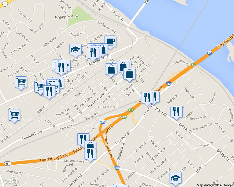 map of restaurants, bars, coffee shops, grocery stores, and more near 423 Herman Avenue in Lemoyne