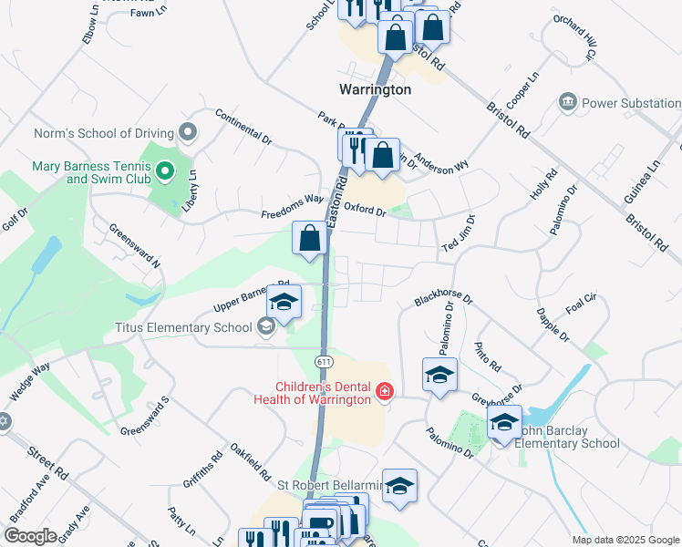 map of restaurants, bars, coffee shops, grocery stores, and more near A Court in Bucks County