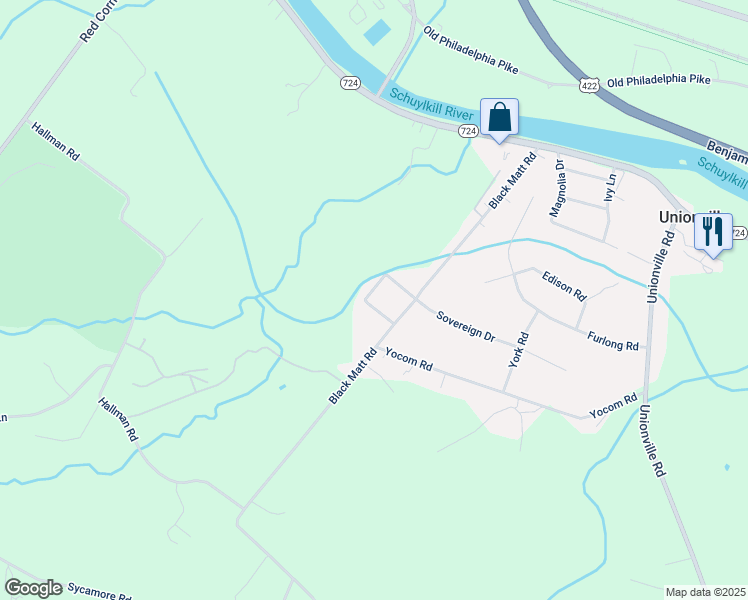 map of restaurants, bars, coffee shops, grocery stores, and more near 17 King Street in Douglassville