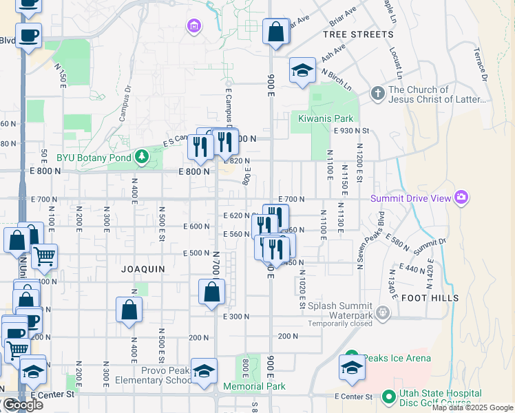map of restaurants, bars, coffee shops, grocery stores, and more near 595 900 East in Provo