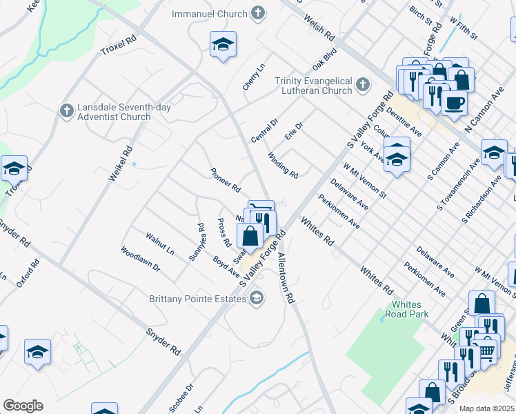 map of restaurants, bars, coffee shops, grocery stores, and more near 1007 Pioneer Road in Lansdale