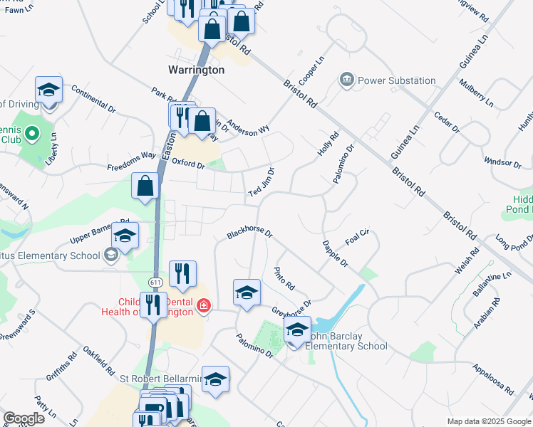 map of restaurants, bars, coffee shops, grocery stores, and more near 2209 Palomino Drive in Warrington