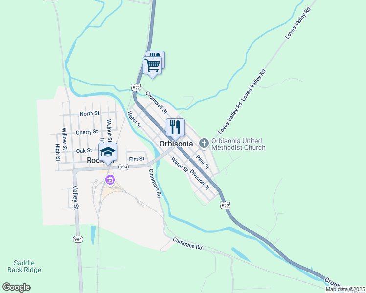map of restaurants, bars, coffee shops, grocery stores, and more near 8-10 Ridgely Street in Orbisonia