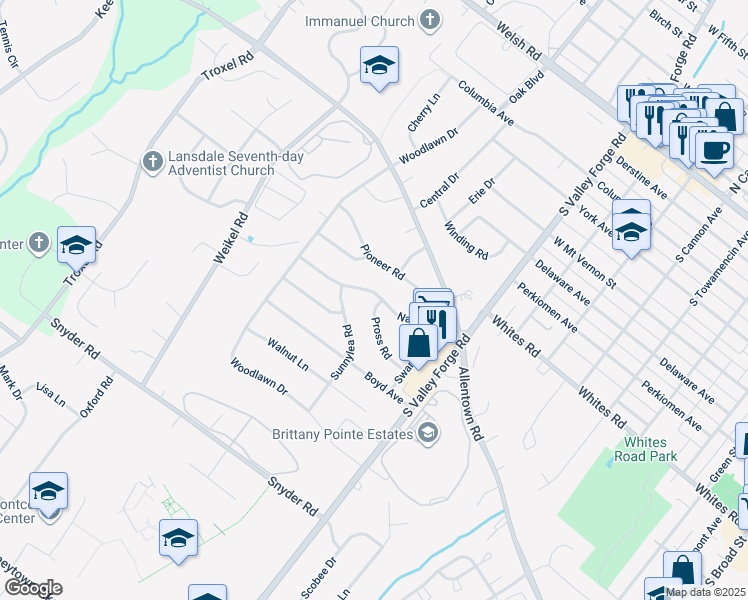 map of restaurants, bars, coffee shops, grocery stores, and more near 1100 Nash Avenue in Lansdale