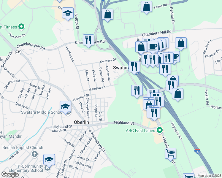 map of restaurants, bars, coffee shops, grocery stores, and more near 1245 Meadow Lane in Steelton