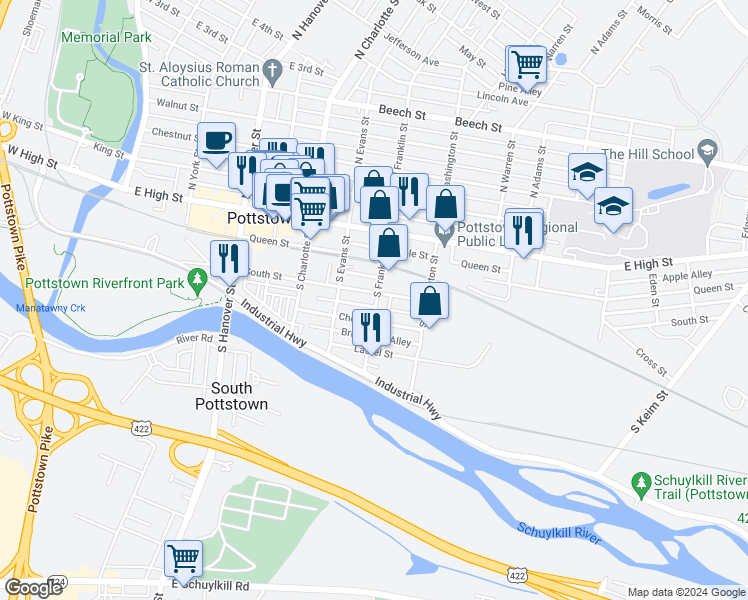 map of restaurants, bars, coffee shops, grocery stores, and more near 384 South Street in Pottstown
