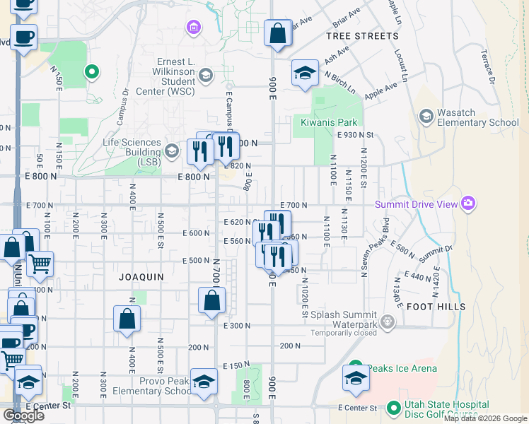 map of restaurants, bars, coffee shops, grocery stores, and more near 595 900 East in Provo