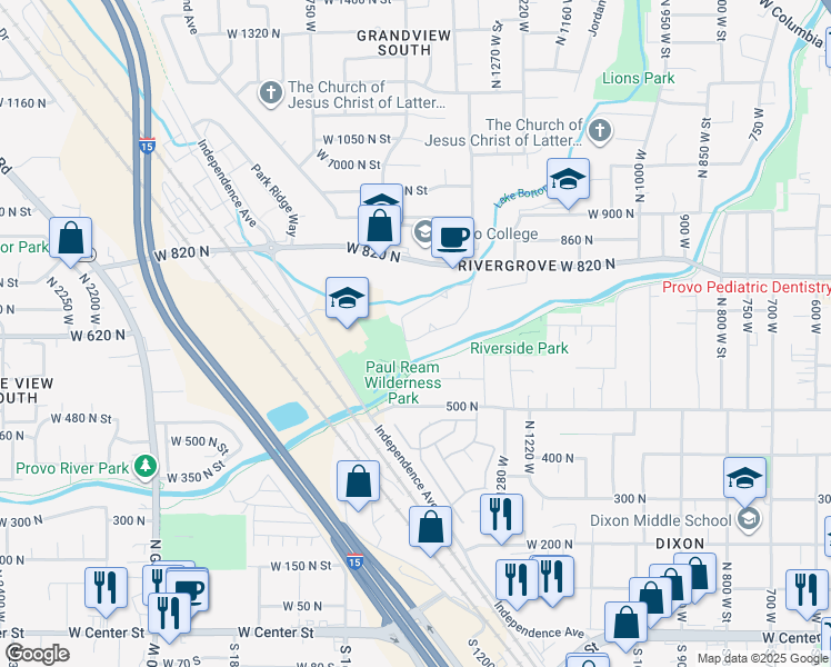 map of restaurants, bars, coffee shops, grocery stores, and more near 1494 Lancelot Drive in Provo