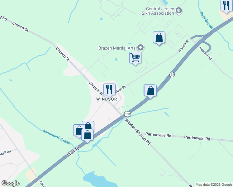 map of restaurants, bars, coffee shops, grocery stores, and more near 15 School Drive in Windsor
