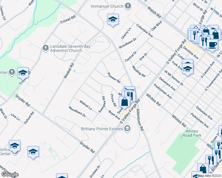 map of restaurants, bars, coffee shops, grocery stores, and more near 1100 Nash Avenue in Lansdale