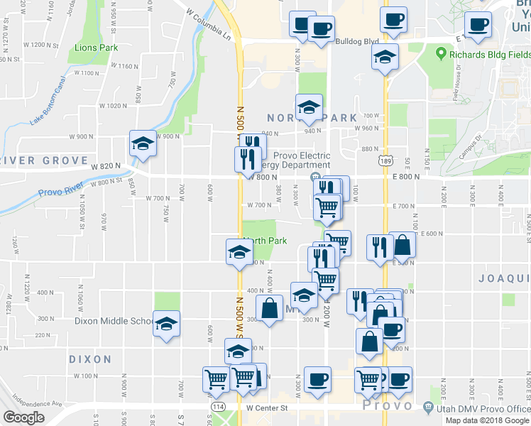map of restaurants, bars, coffee shops, grocery stores, and more near 601 Columbia Circle in Provo