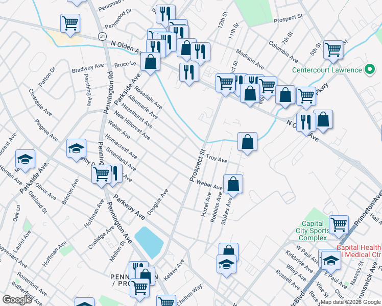 map of restaurants, bars, coffee shops, grocery stores, and more near 224 Hazelhurst Avenue in Ewing Township