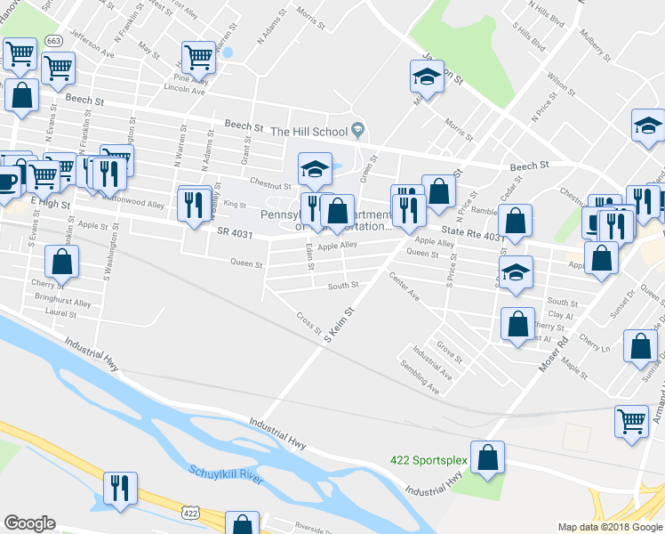 map of restaurants, bars, coffee shops, grocery stores, and more near 888 Queen Street in Pottstown