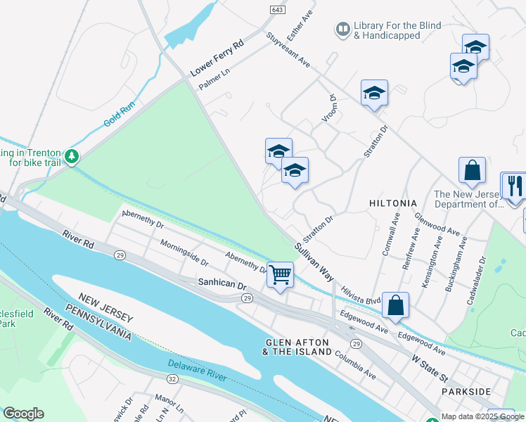 map of restaurants, bars, coffee shops, grocery stores, and more near Sullivan Way in Trenton