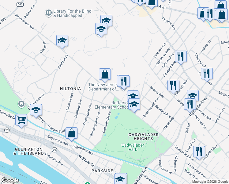 map of restaurants, bars, coffee shops, grocery stores, and more near in Trenton