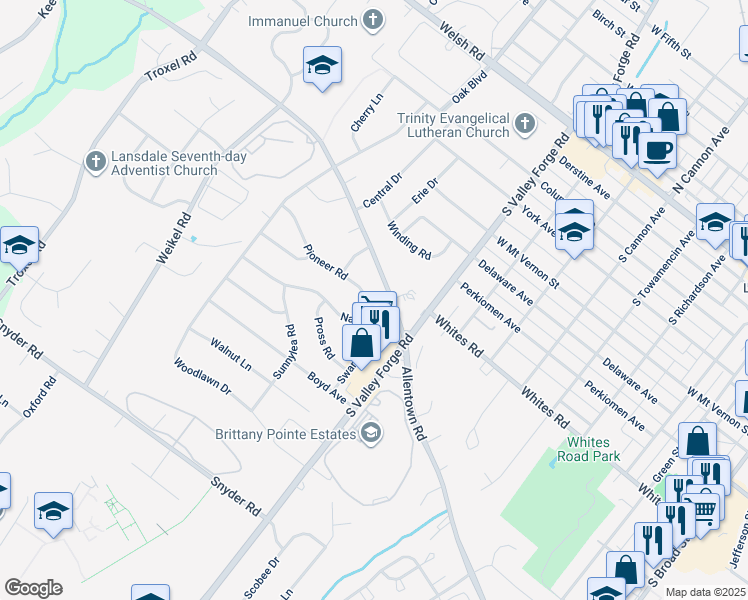 map of restaurants, bars, coffee shops, grocery stores, and more near 1007 Pioneer Road in Lansdale