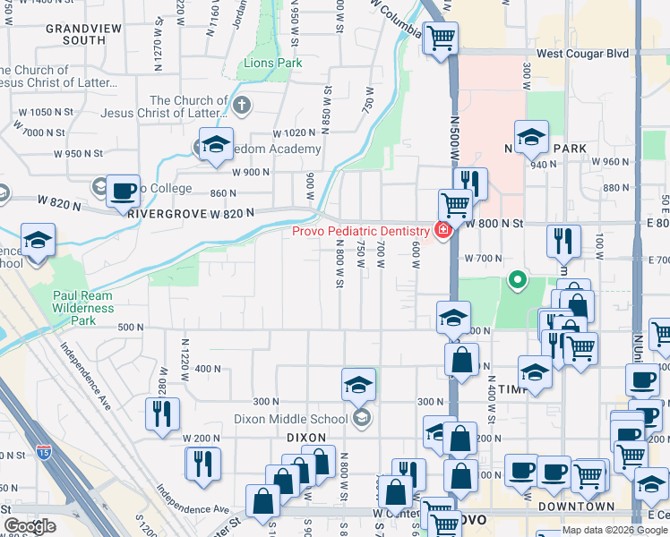 map of restaurants, bars, coffee shops, grocery stores, and more near 651 North 800 West Street in Provo